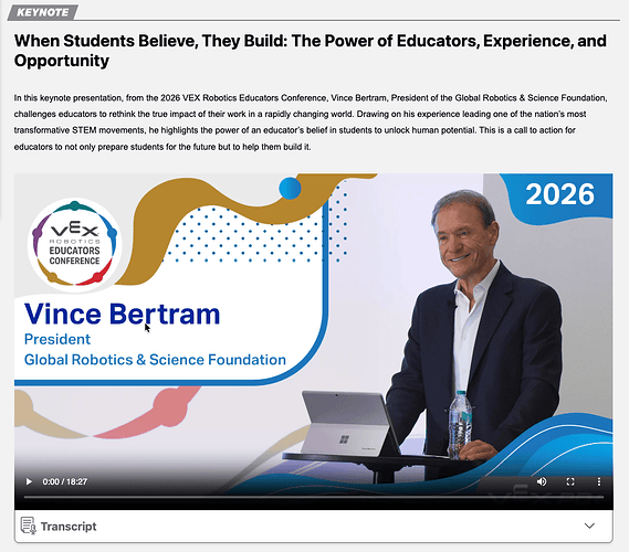 Vince Bertram presents his keynote presentation at the 2026 VEX Educators conference.