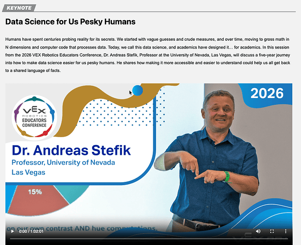 Dr. Andreas Stefik presenting his keynote presentation at the 2026 VEX Educators Conference.